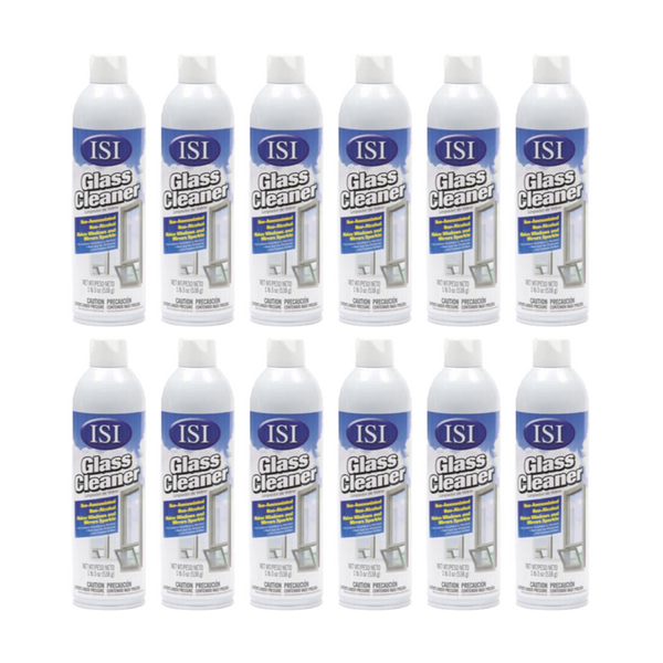 12 pack of Alcohol free, ammonia free, and streak free foaming glass cleaner aerosol spray.