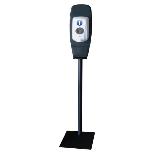 floor stand universal touchless dispenser system with industry supply inc logo on top